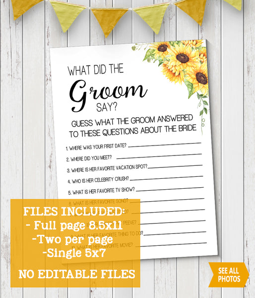 What did the Groom say Bridal Shower game, Ready to Print, sunflowers country chic G 104-15