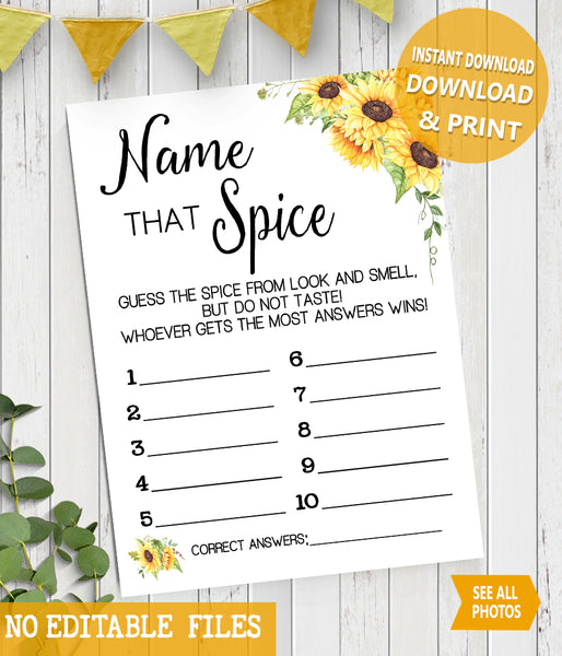 Name that Spice Bridal Shower Game, Ready to Print, sunflowers country chic G 104-48