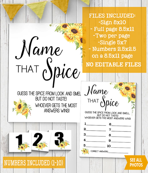 Name that Spice Bridal Shower Game, Ready to Print, sunflowers country chic G 104-48