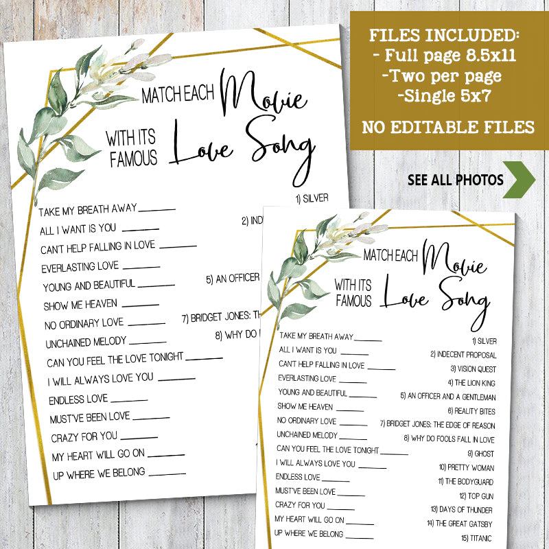 Match Movie with love song Bridal Shower game, Ready to Print, rustic –  designsplusmore