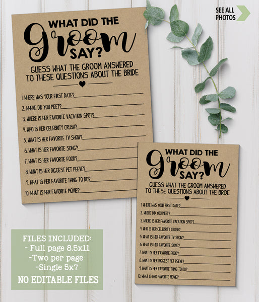 What did the Groom say Bridal Shower game, Ready to Print, rustic country chic kraft back G 101-15