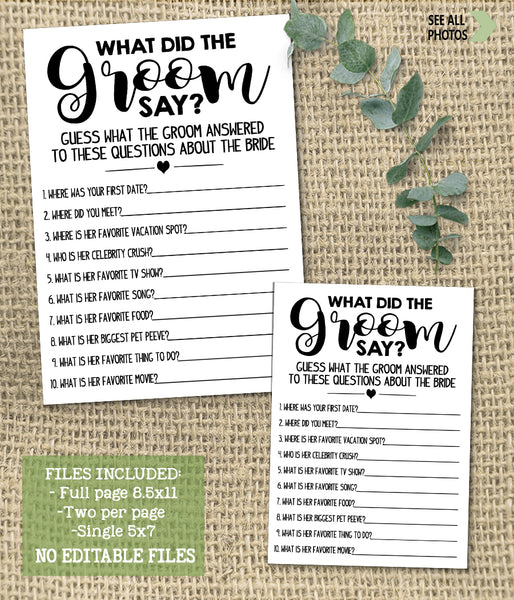 What did the Groom say Bridal Shower game, Ready to Print, modern simple minimalist G 102-15