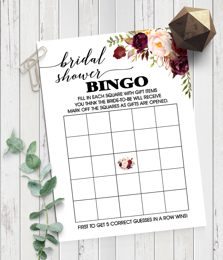 Bridal Shower Bingo Game, Ready to Print, marsala floral boho chic G 108-01