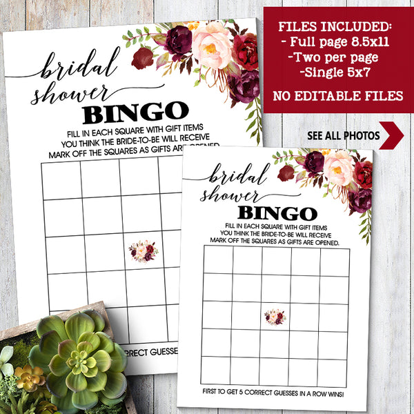 Bridal Shower Bingo Game, Ready to Print, marsala floral boho chic G 108-01