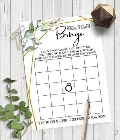 Bridal Shower Bingo Game, Ready to Print, greenery gold geometric G 107-01