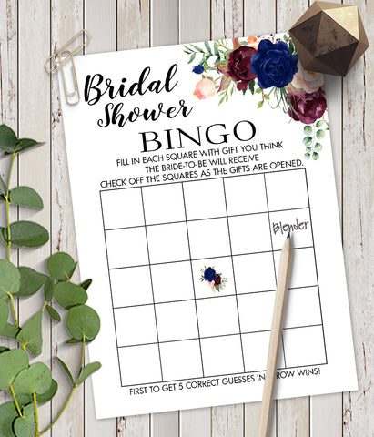 Bridal Shower Bingo Game, Ready to Print, navy floral boho chic G 109-01