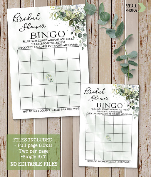 Bridal Shower Bingo Game, Ready to Print, eucalyptus succulent dust green G 110-01
