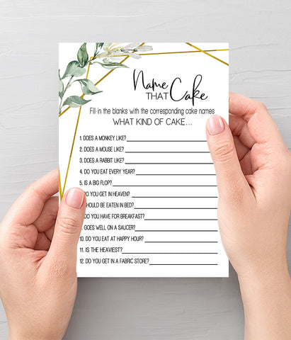 Name that Cake Bridal Shower game, Ready to Print, greenery gold geometric G 107-02