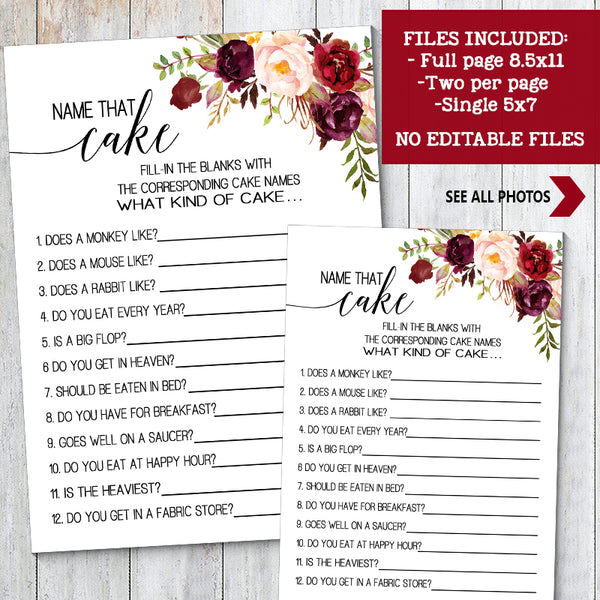 Name that Cake Bridal Shower game, Ready to Print, marsala floral boho chic G 108-02