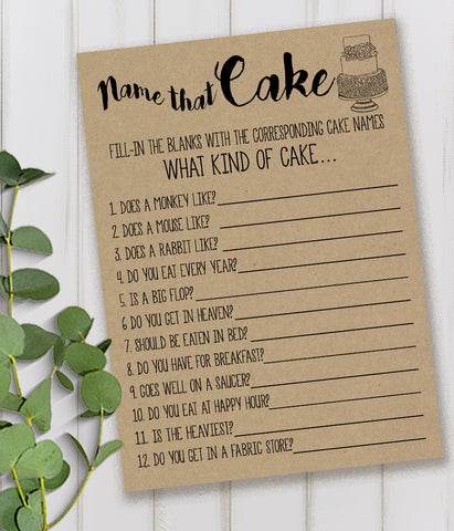 Name that Cake Bridal Shower game, Ready to Print, rustic country chic kraft back G 101-02
