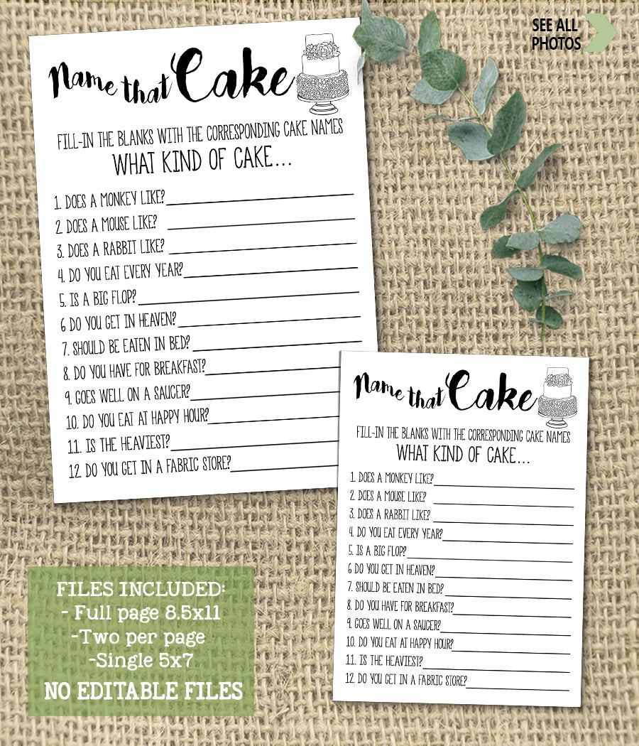 Name that Cake Bridal Shower game, Ready to Print, modern simple minim – designsplusmore for Free Printable Name That Cake Game