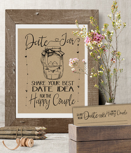 Date Jar ideas for Couple Bridal Shower Game, Ready to Print, rustic country chic kraft back G 101-03