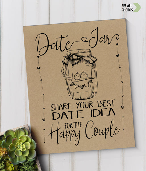 Date Jar ideas for Couple Bridal Shower Game, Ready to Print, rustic country chic kraft back G 101-03