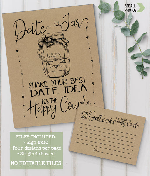 Date Jar ideas for Couple Bridal Shower Game, Ready to Print, rustic country chic kraft back G 101-03