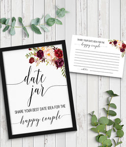 Date Jar ideas for Couple Bridal Shower Game, Ready to Print, marsala floral boho chic G 108-03