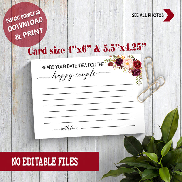 Date Jar ideas for Couple Bridal Shower Game, Ready to Print, marsala floral boho chic G 108-03