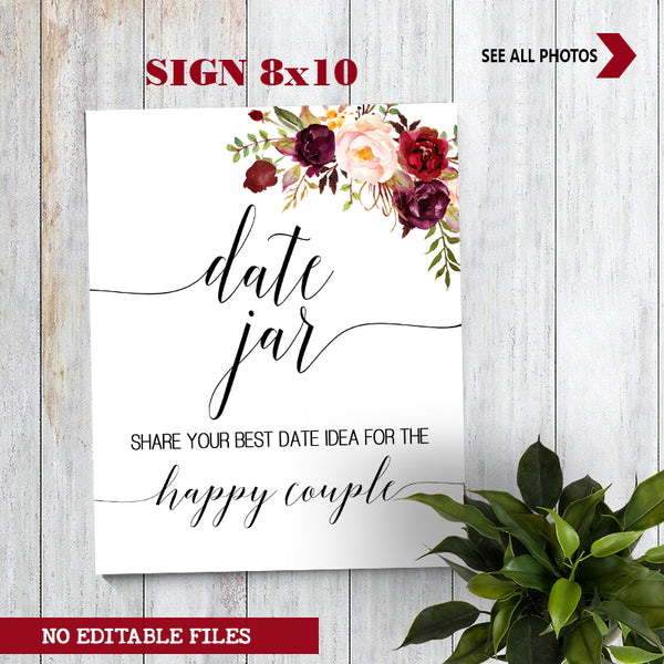 Date Jar ideas for Couple Bridal Shower Game, Ready to Print, marsala floral boho chic G 108-03