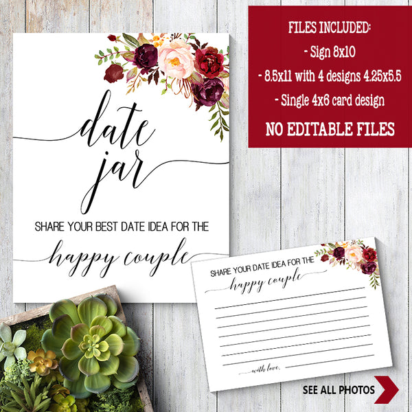 Date Jar ideas for Couple Bridal Shower Game, Ready to Print, marsala floral boho chic G 108-03