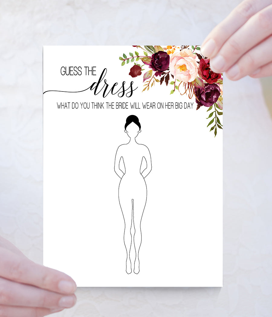 Guess the Bride Dress Bridal Shower game, Ready to Print, marsala floral boho chic G 108-04