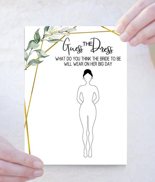 Guess the Bride Dress Bridal Shower game, Ready to Print, greenery gold geometric G 107-04