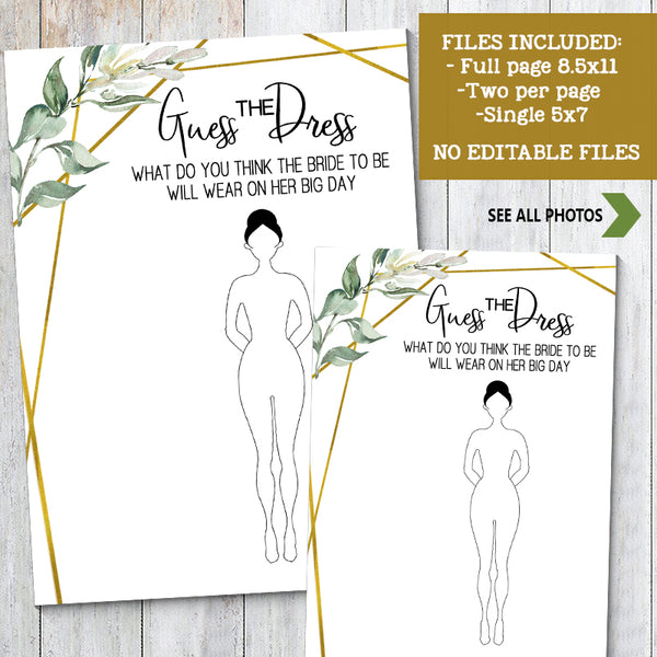 Guess the Bride Dress Bridal Shower game, Ready to Print, greenery gold geometric G 107-04