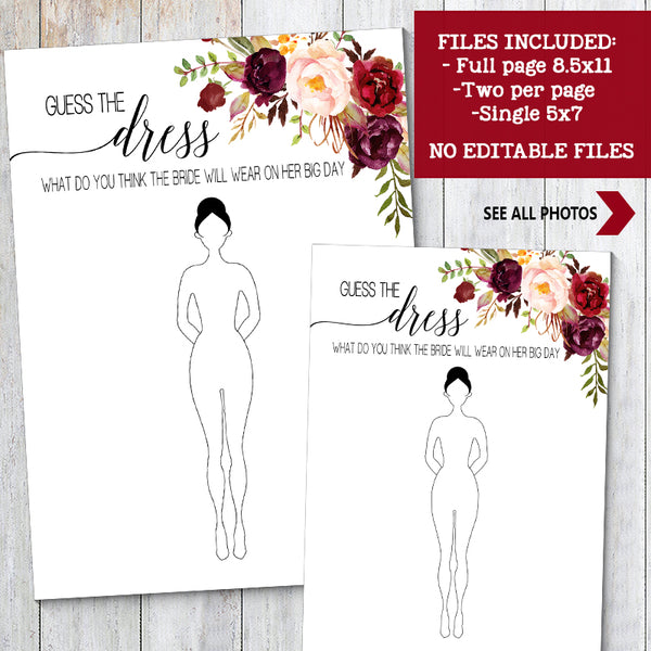 Guess the Bride Dress Bridal Shower game, Ready to Print, marsala floral boho chic G 108-04