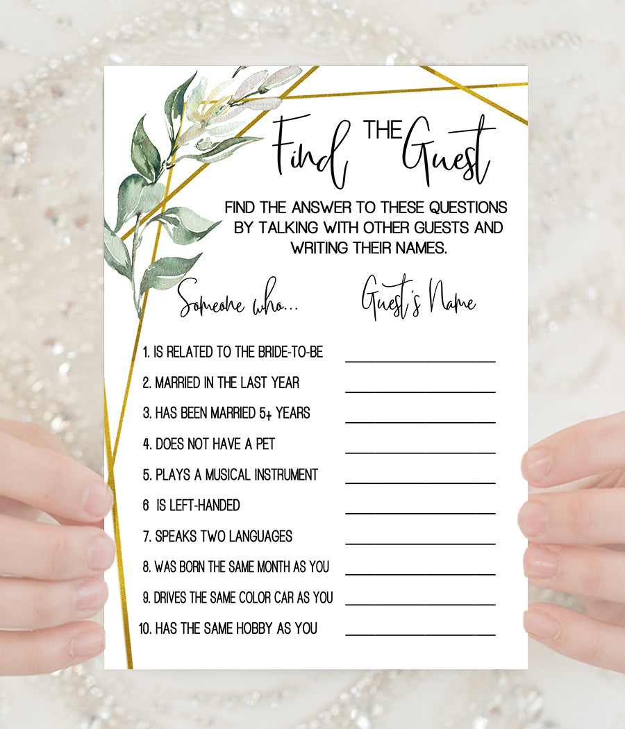 Find the Guest Bridal Shower game, Ready to Print, greenery gold geometric G 107-05