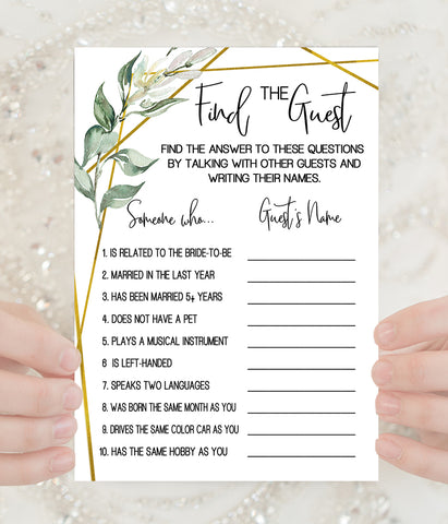 Find the Guest Bridal Shower game, Ready to Print, greenery gold geometric G 107-05