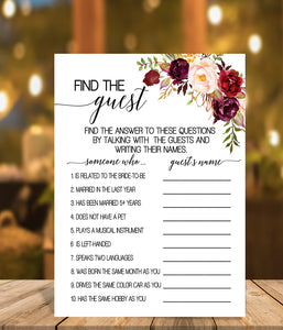 Find the Guest Bridal Shower game, Ready to Print, marsala floral boho chic G 108-05