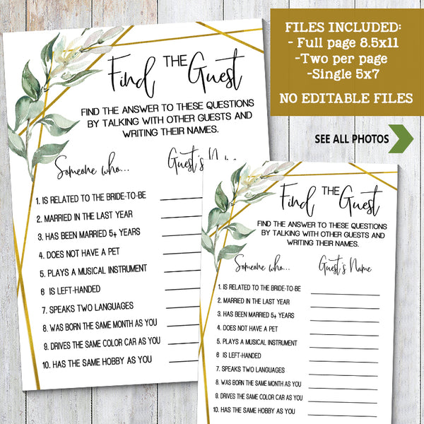 Find the Guest Bridal Shower game, Ready to Print, greenery gold geometric G 107-05