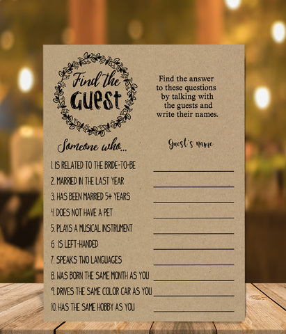 Find the Guest Bridal Shower game, Ready to Print, rustic country chic G 101-05