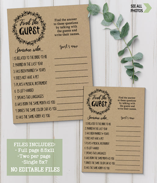 Find the Guest Bridal Shower game, Ready to Print, rustic country chic G 101-05