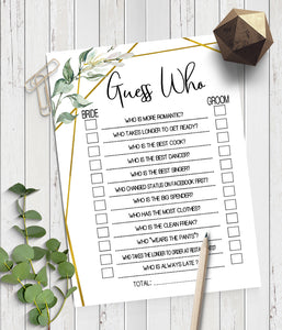 Guess Who Bridal Shower game, Ready to Print, greenery gold geometric G 107-06