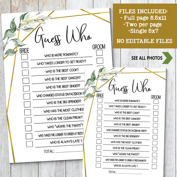 Guess Who Bridal Shower game, Ready to Print, greenery gold geometric G 107-06