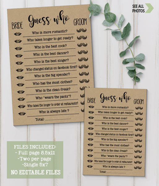 Guess Who Bridal Shower game, Ready to Print, rustic country chic G 101-06