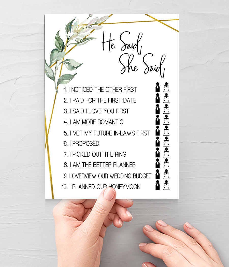 He said She said Bridal Shower game, Ready to Print, greenery gold geometric G 107-07