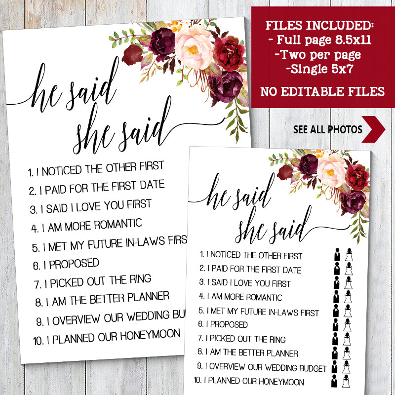He said She said Bridal Shower game, Ready to Print, marsala floral bo – designsplusmore he-said-she-said-bridal-shower-game-ready-to-print-marsala-floral-bo-designsplusmore