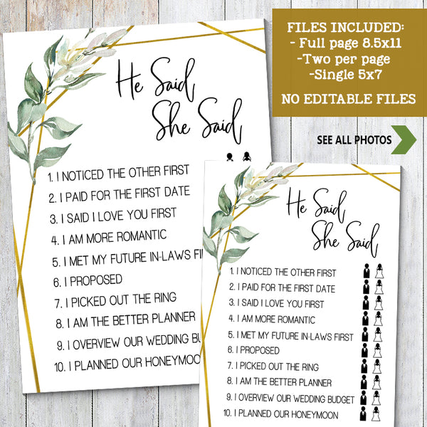 He said She said Bridal Shower game, Ready to Print, greenery gold geometric G 107-07