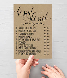 He said She said Bridal Shower game, Ready to Print, rustic country chic G 101-07