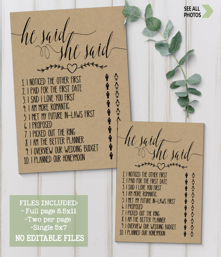 He said She said Bridal Shower game, Ready to Print, rustic country ch –  designsplusmore