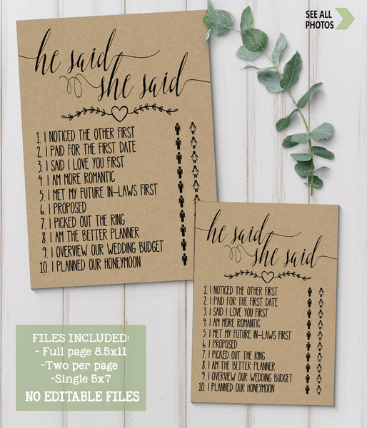 He said She said Bridal Shower game, Ready to Print, rustic country chic G 101-07