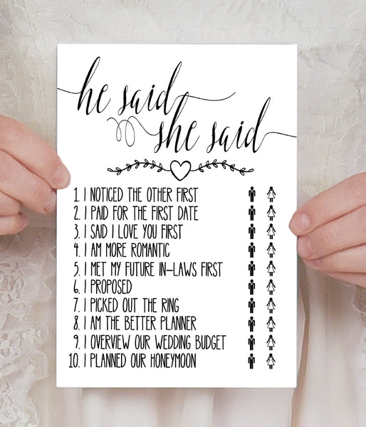 He said She said Bridal Shower game, Ready to Print, simple modern minimalist G 102-07