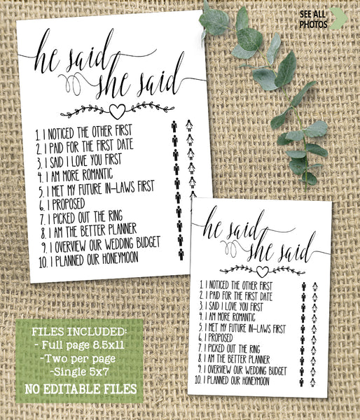 He said She said Bridal Shower game, Ready to Print, simple modern minimalist G 102-07