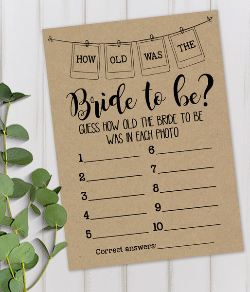 How Old was the Bride to Be Bridal Shower Game, Ready to Print, rustic count chic G 101-08