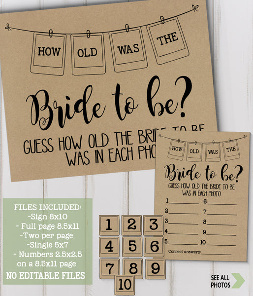 How Old was the Bride to Be Bridal Shower Game, Ready to Print, rustic count chic G 101-08