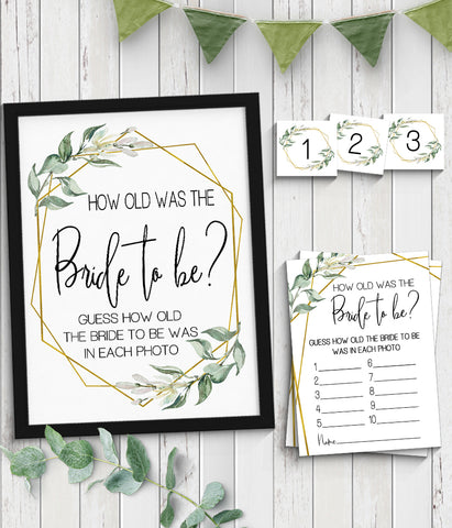 How Old was the Bride to Be Bridal Shower Game, Ready to Print, greenery gold geometric G 107-08