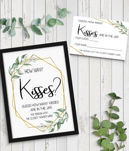 Guess how many Kisses Bridal Shower Game, Ready to Print, greenery gold geometric G 107-09