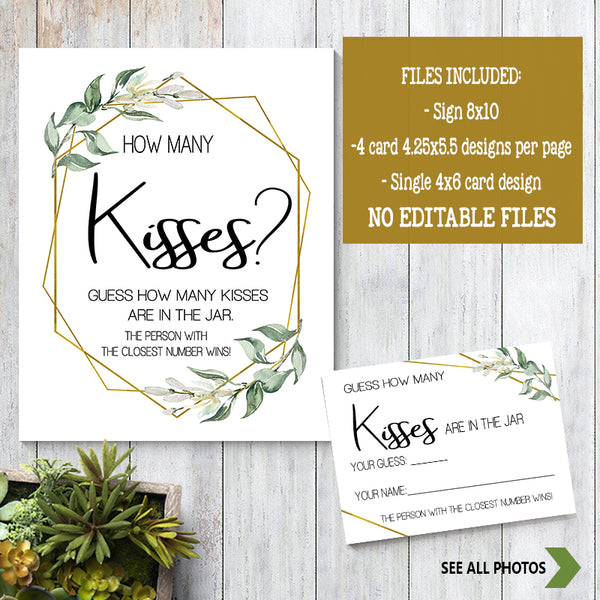 Guess how many Kisses Bridal Shower Game, Ready to Print, greenery gold geometric G 107-09