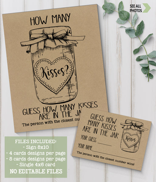 Guess how many Kisses Bridal Shower Game, Ready to Print, rustic country chic G 101-09