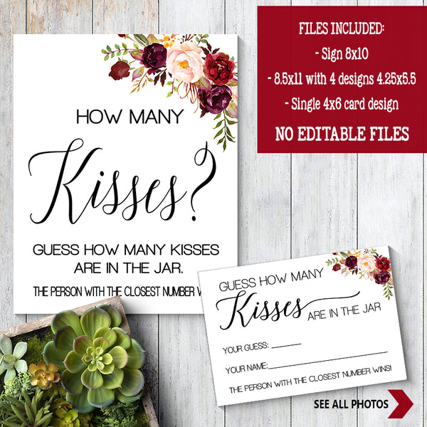 Guess how many Kisses Bridal Shower Game, Ready to Print, marsala floral boho chic G 108-09